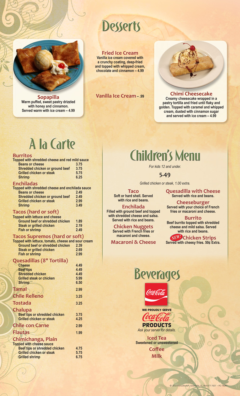 El Tapatio Mexican Menu Desloge, MO